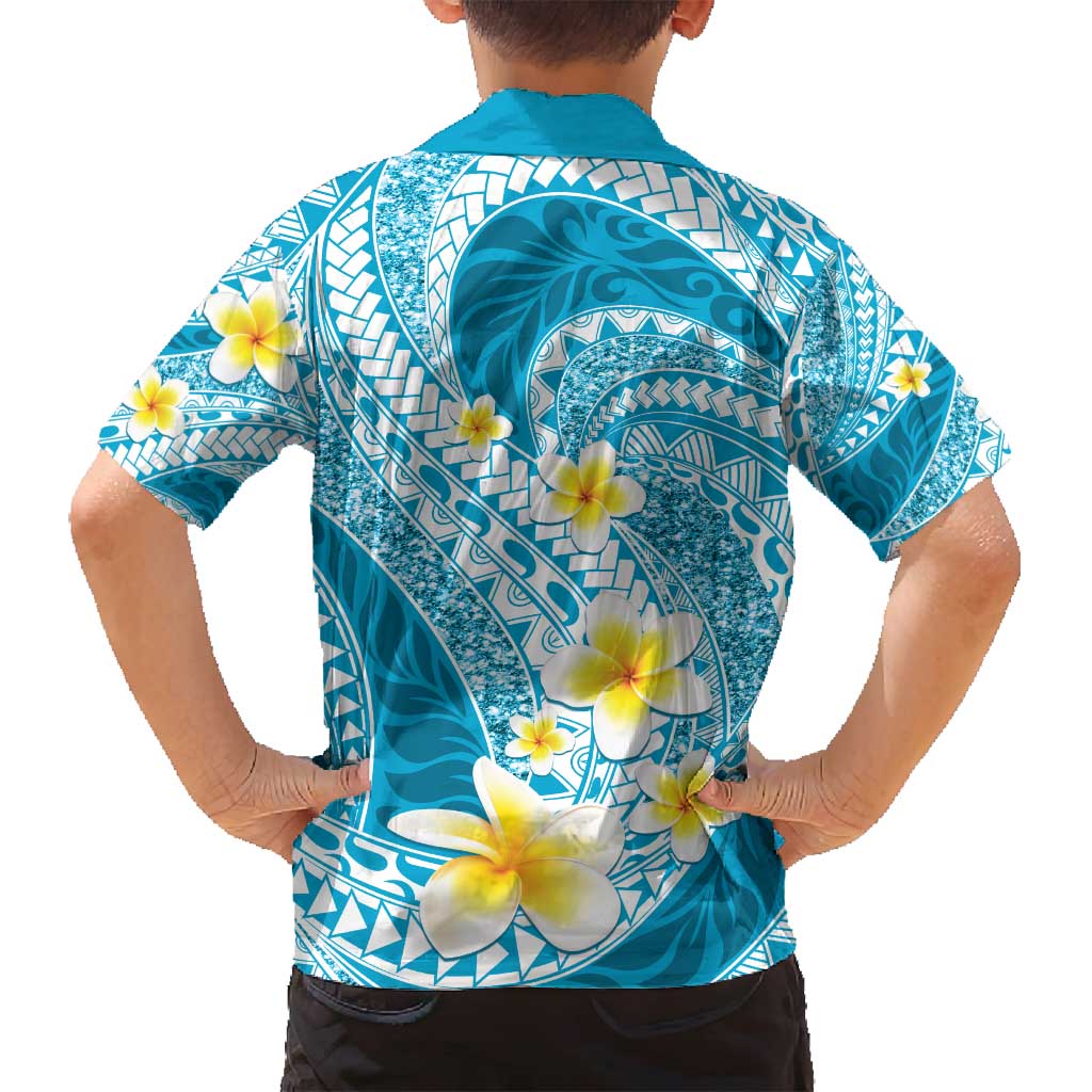 Plumeria Polynesian Sky Blue Glitter Pattern Family Matching Long Sleeve Bodycon Dress and Hawaiian Shirt LT01 - Polynesian Pride