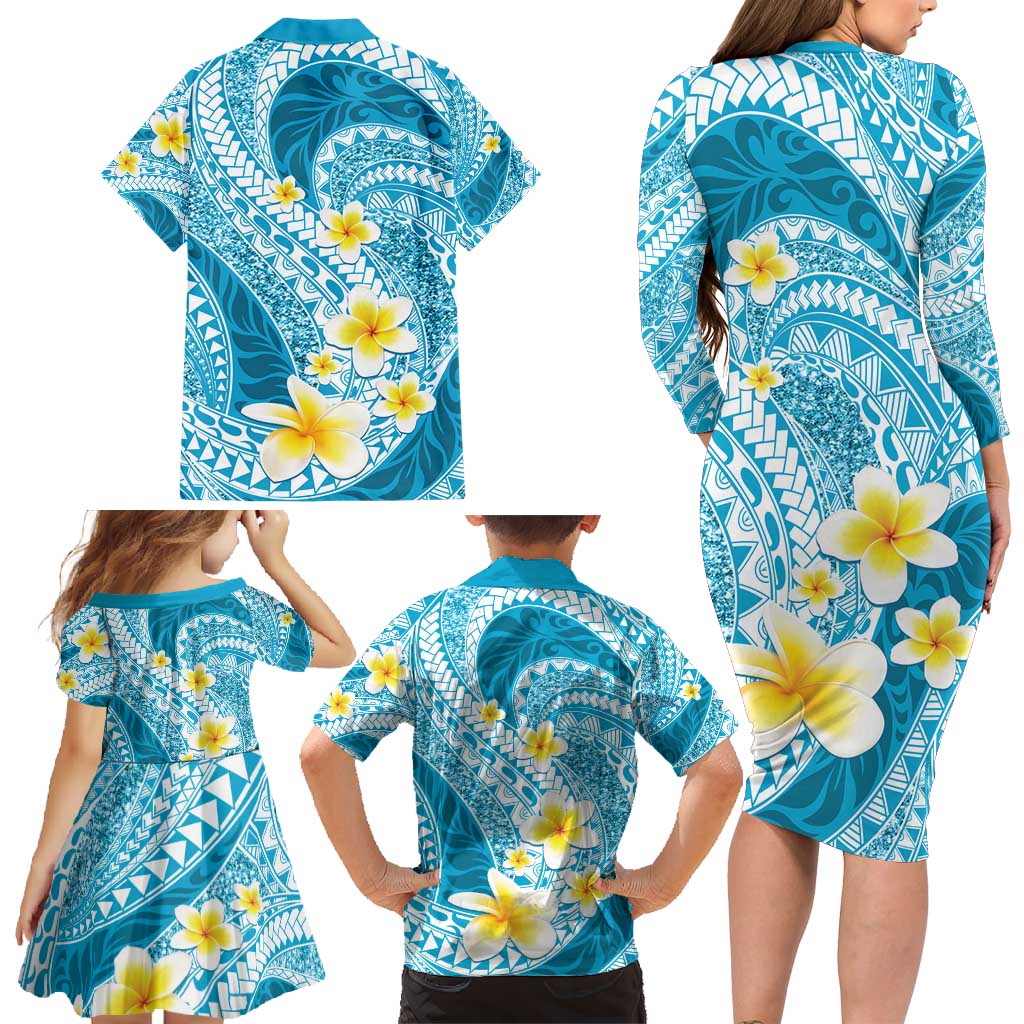 Plumeria Polynesian Sky Blue Glitter Pattern Family Matching Long Sleeve Bodycon Dress and Hawaiian Shirt LT01 - Polynesian Pride
