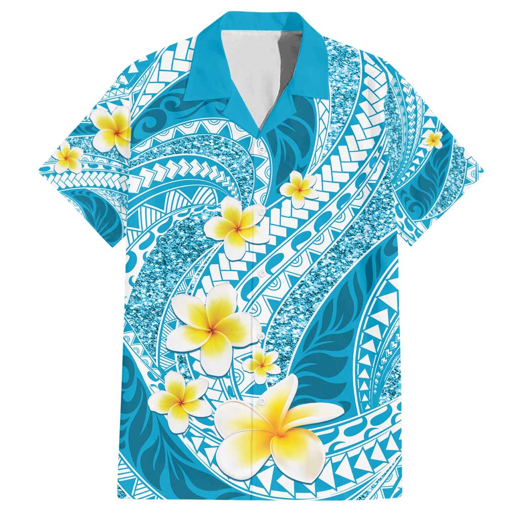 Plumeria Polynesian Sky Blue Glitter Pattern Family Matching Long Sleeve Bodycon Dress and Hawaiian Shirt LT01 Dad's Shirt - Short Sleeve Sky Blue - Polynesian Pride