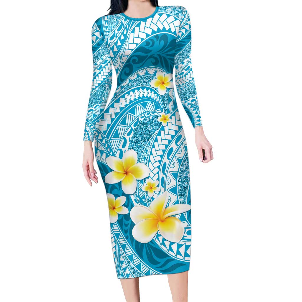 Plumeria Polynesian Sky Blue Glitter Pattern Family Matching Long Sleeve Bodycon Dress and Hawaiian Shirt LT01 Mom's Dress Sky Blue - Polynesian Pride