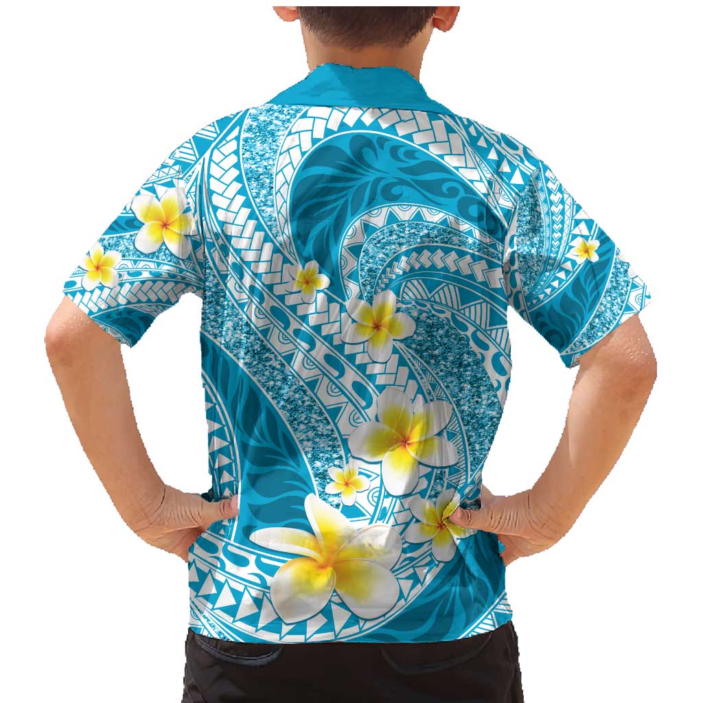 Plumeria Polynesian Sky Blue Glitter Pattern Family Matching Mermaid Dress and Hawaiian Shirt LT01 - Polynesian Pride
