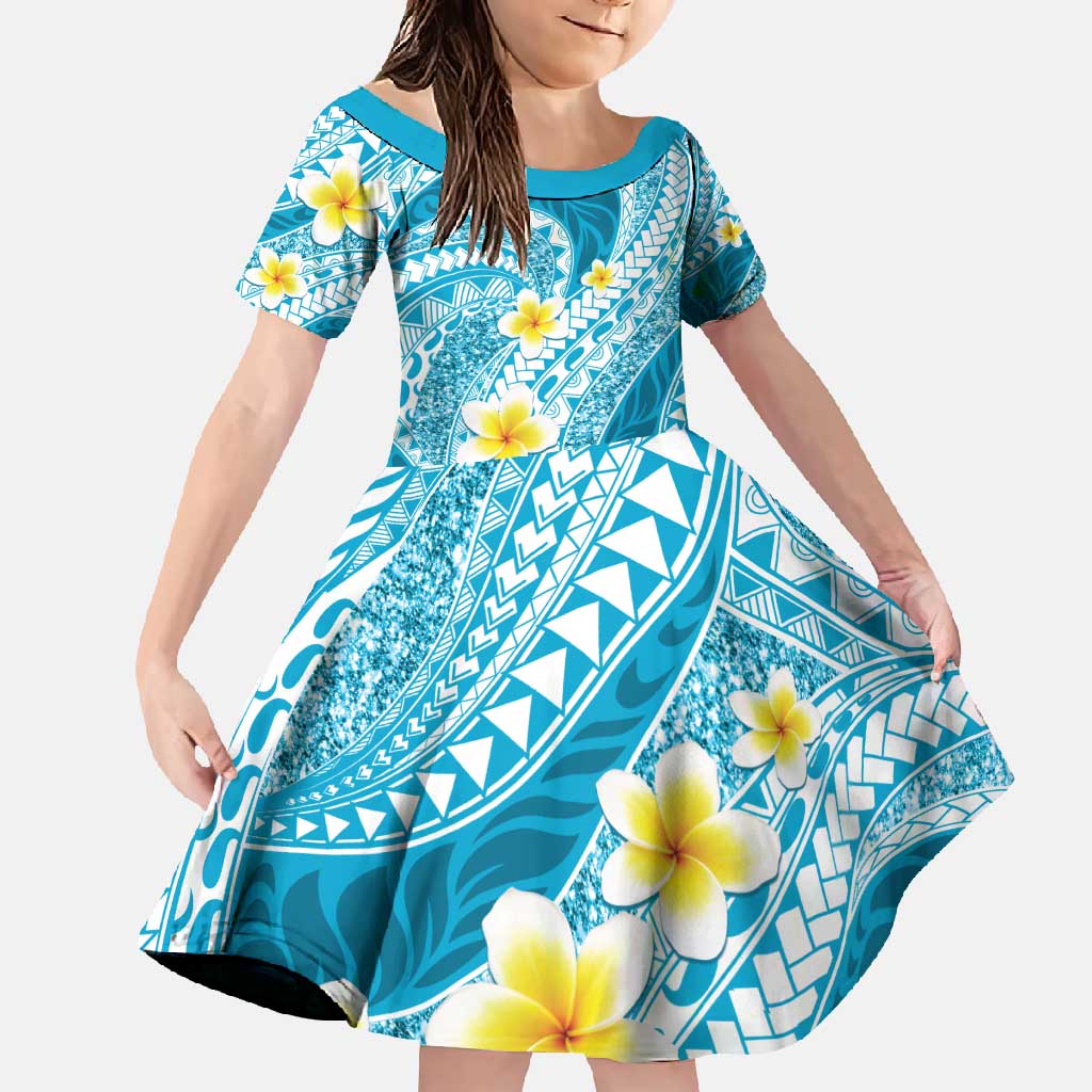 Plumeria Polynesian Sky Blue Glitter Pattern Family Matching Mermaid Dress and Hawaiian Shirt LT01 Daughter's Dress Sky Blue - Polynesian Pride