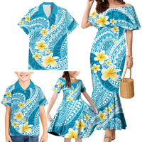 Plumeria Polynesian Sky Blue Glitter Pattern Family Matching Mermaid Dress and Hawaiian Shirt LT01 - Polynesian Pride