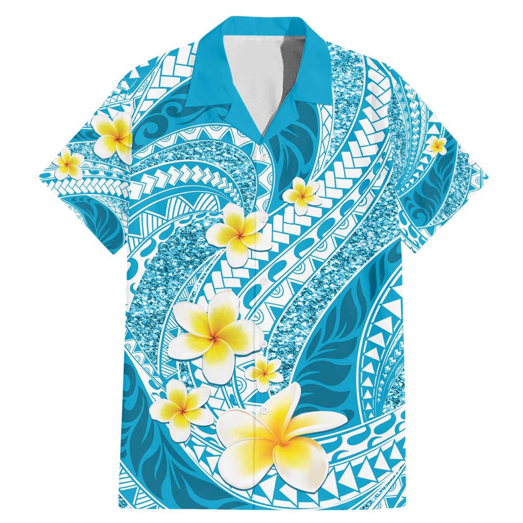 Plumeria Polynesian Sky Blue Glitter Pattern Family Matching Mermaid Dress and Hawaiian Shirt LT01 Dad's Shirt - Short Sleeve Sky Blue - Polynesian Pride