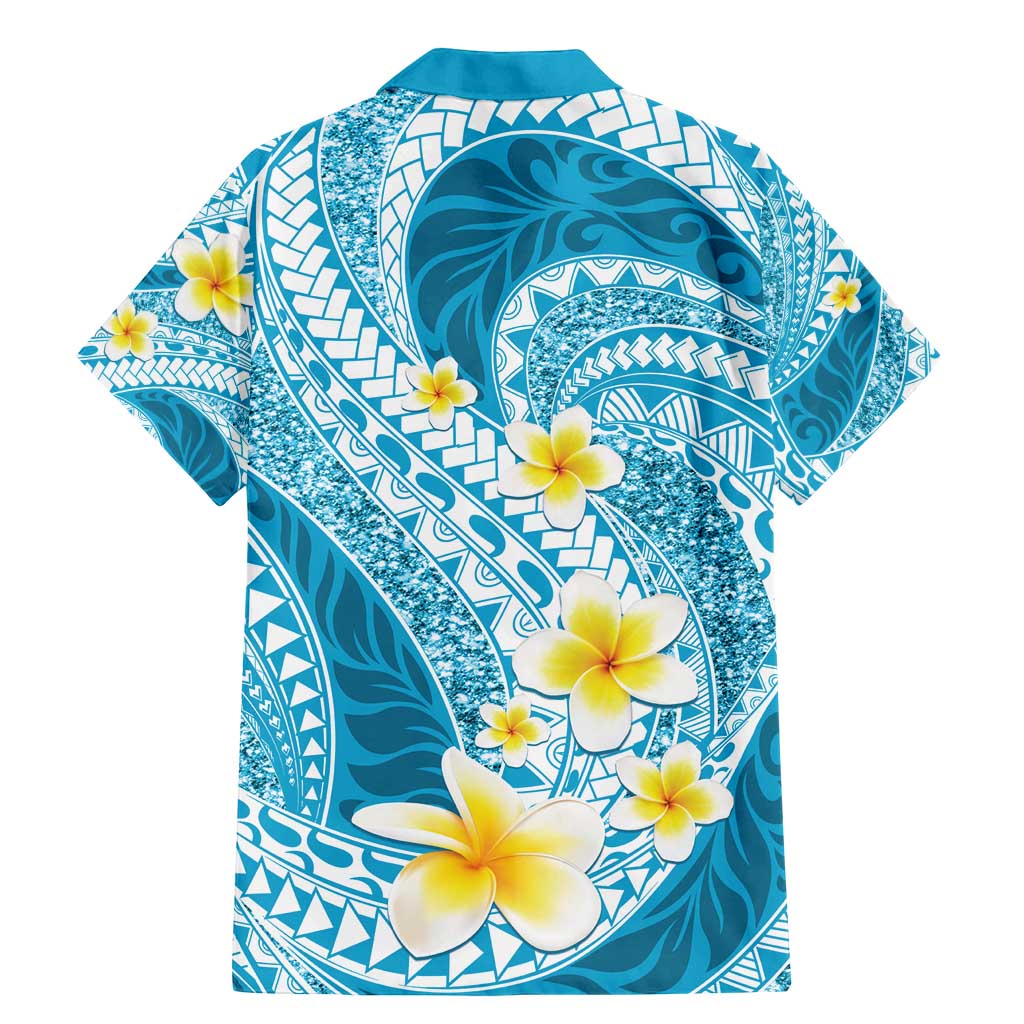 Plumeria Polynesian Sky Blue Glitter Pattern Family Matching Mermaid Dress and Hawaiian Shirt LT01 - Polynesian Pride