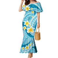 Plumeria Polynesian Sky Blue Glitter Pattern Family Matching Mermaid Dress and Hawaiian Shirt LT01 Mom's Dress Sky Blue - Polynesian Pride