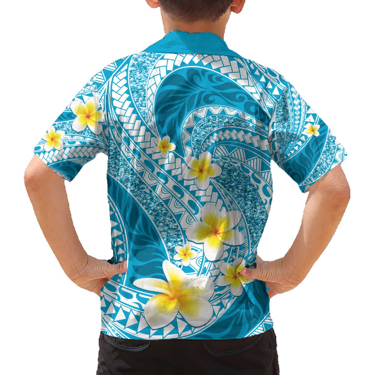 Plumeria Polynesian Sky Blue Glitter Pattern Family Matching Off The Shoulder Long Sleeve Dress and Hawaiian Shirt LT01 - Polynesian Pride