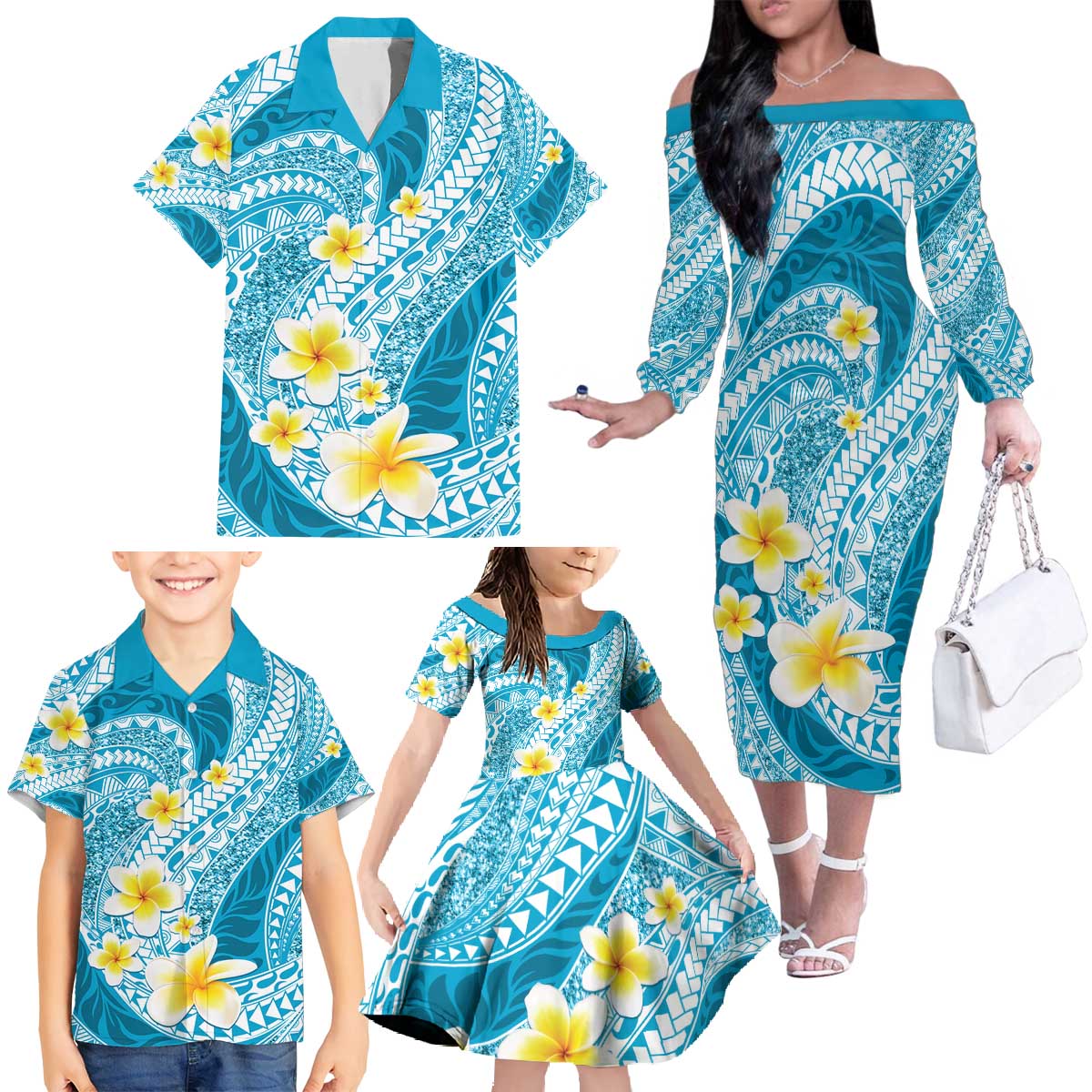 Plumeria Polynesian Sky Blue Glitter Pattern Family Matching Off The Shoulder Long Sleeve Dress and Hawaiian Shirt LT01 - Polynesian Pride