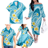 Plumeria Polynesian Sky Blue Glitter Pattern Family Matching Off The Shoulder Long Sleeve Dress and Hawaiian Shirt LT01 - Polynesian Pride