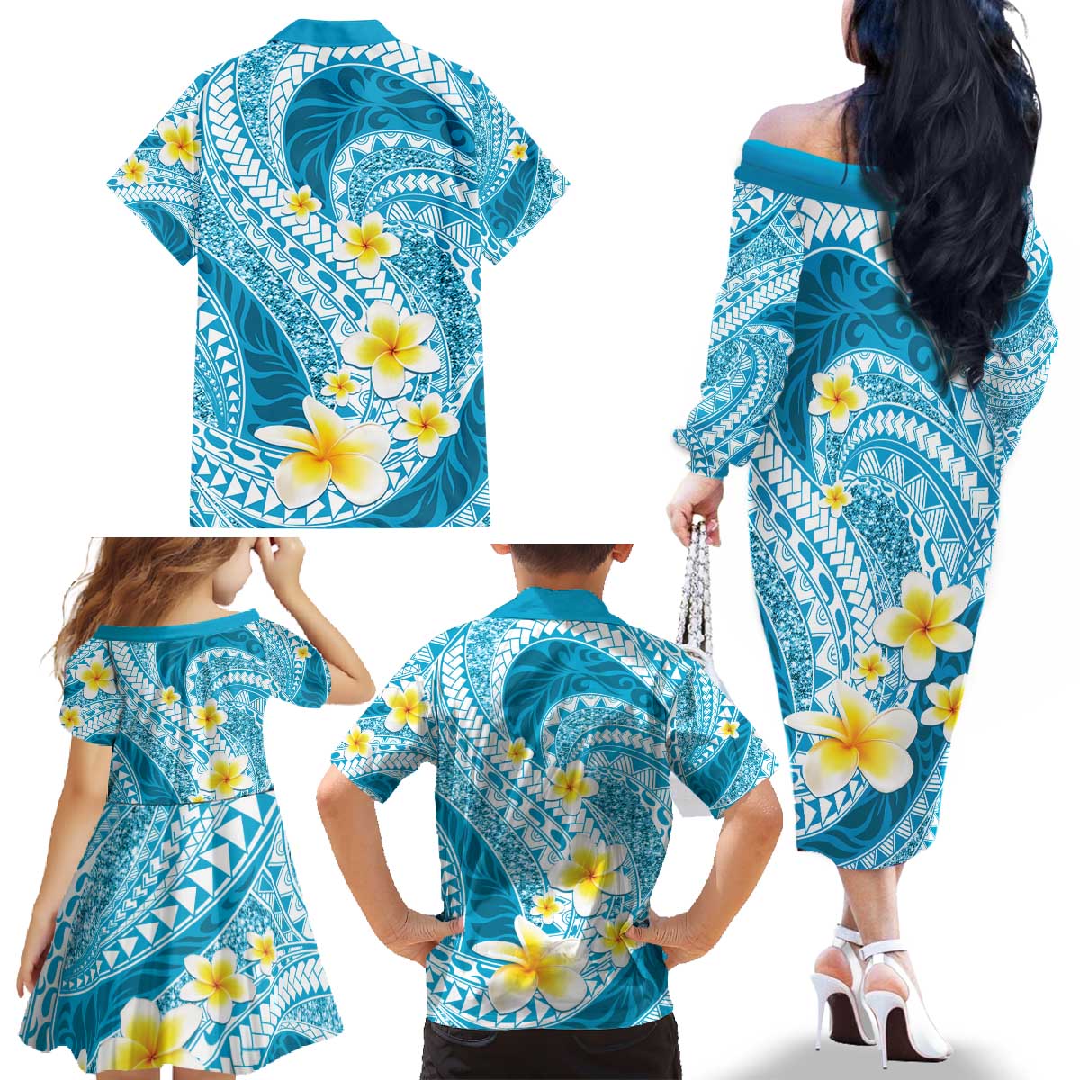 Plumeria Polynesian Sky Blue Glitter Pattern Family Matching Off The Shoulder Long Sleeve Dress and Hawaiian Shirt LT01 - Polynesian Pride