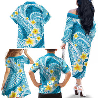 Plumeria Polynesian Sky Blue Glitter Pattern Family Matching Off The Shoulder Long Sleeve Dress and Hawaiian Shirt LT01 - Polynesian Pride