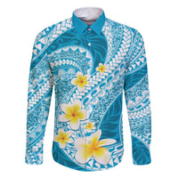 Plumeria Polynesian Sky Blue Glitter Pattern Family Matching Off The Shoulder Long Sleeve Dress and Hawaiian Shirt LT01 Dad's Shirt - Long Sleeve Sky Blue - Polynesian Pride