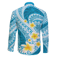 Plumeria Polynesian Sky Blue Glitter Pattern Family Matching Off The Shoulder Long Sleeve Dress and Hawaiian Shirt LT01 - Polynesian Pride