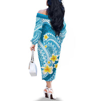 Plumeria Polynesian Sky Blue Glitter Pattern Family Matching Off The Shoulder Long Sleeve Dress and Hawaiian Shirt LT01 - Polynesian Pride