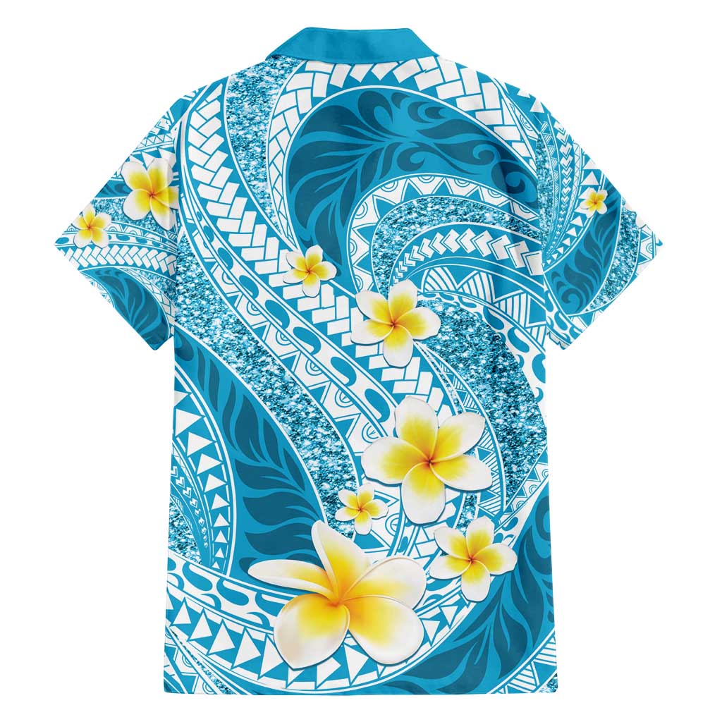 Plumeria Polynesian Sky Blue Glitter Pattern Family Matching Off Shoulder Maxi Dress and Hawaiian Shirt