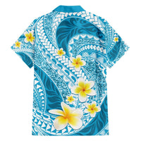 Plumeria Polynesian Sky Blue Glitter Pattern Family Matching Off Shoulder Maxi Dress and Hawaiian Shirt