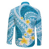 Plumeria Polynesian Sky Blue Glitter Pattern Family Matching Off Shoulder Maxi Dress and Hawaiian Shirt