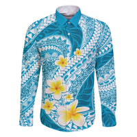 Plumeria Polynesian Sky Blue Glitter Pattern Family Matching Puletasi and Hawaiian Shirt