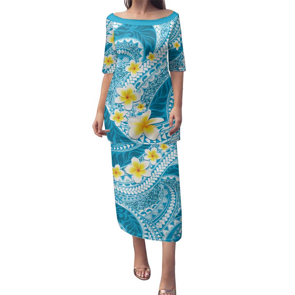 Plumeria Polynesian Sky Blue Glitter Pattern Family Matching Puletasi and Hawaiian Shirt
