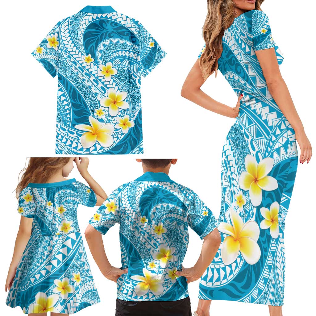 Plumeria Polynesian Sky Blue Glitter Pattern Family Matching Short Sleeve Bodycon Dress and Hawaiian Shirt LT01 - Polynesian Pride