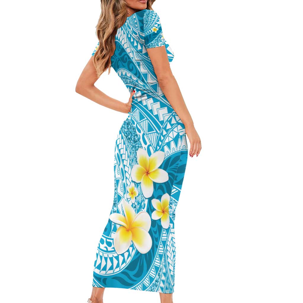 Plumeria Polynesian Sky Blue Glitter Pattern Family Matching Short Sleeve Bodycon Dress and Hawaiian Shirt LT01 - Polynesian Pride