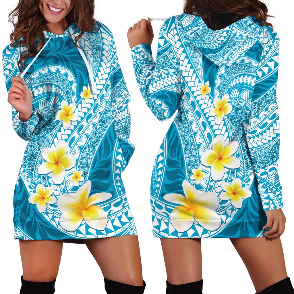 Plumeria Polynesian Sky Blue Glitter Pattern Hoodie Dress LT01 - Polynesian Pride