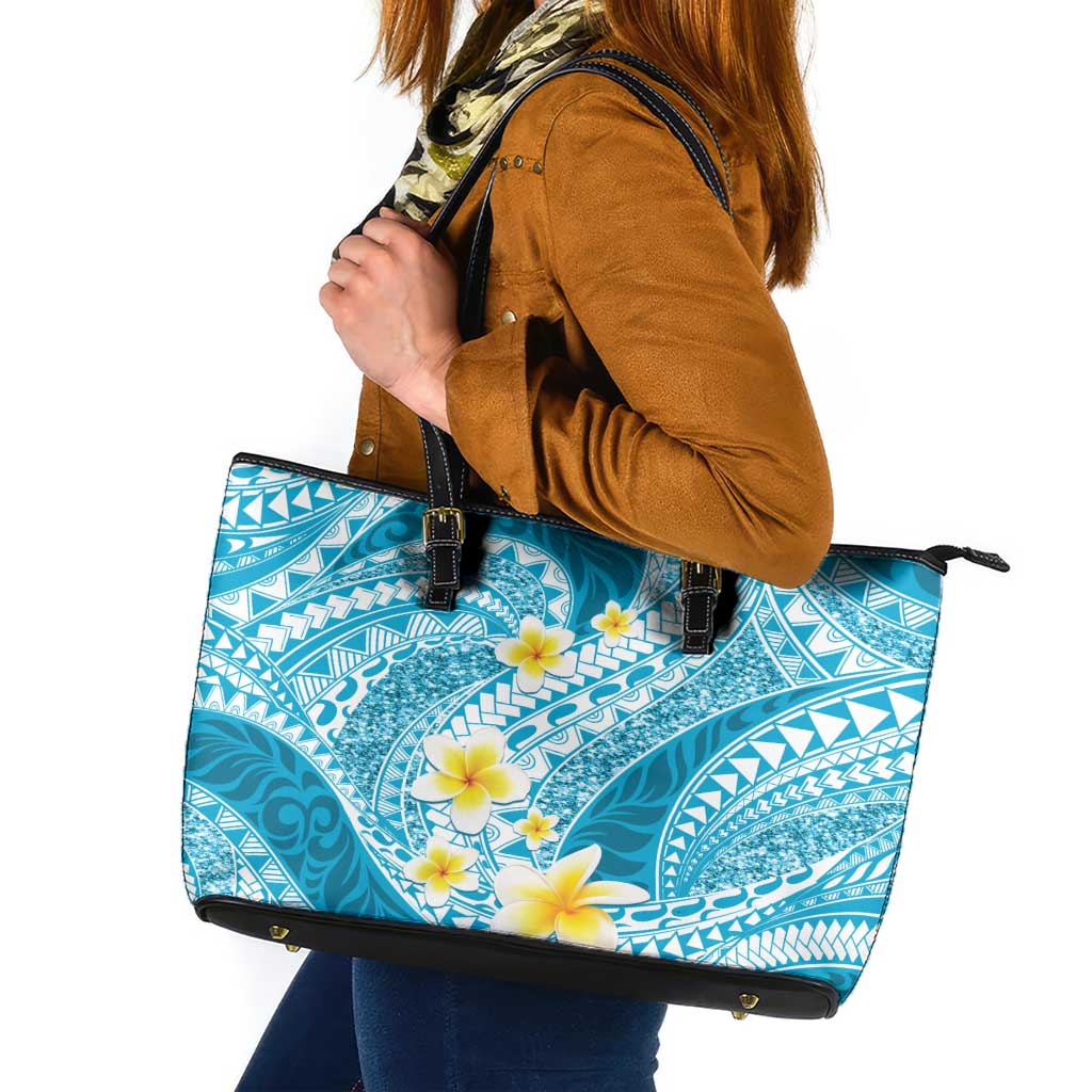Plumeria Polynesian Sky Blue Glitter Pattern Leather Tote Bag LT01 Sky Blue - Polynesian Pride