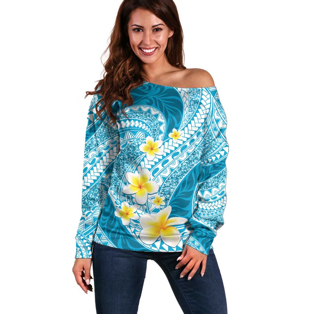 Plumeria Polynesian Sky Blue Glitter Pattern Off Shoulder Sweater LT01 Women Sky Blue - Polynesian Pride