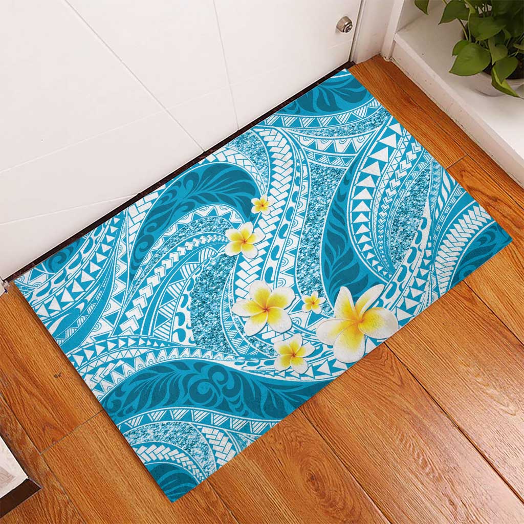 Plumeria Polynesian Sky Blue Glitter Pattern Rubber Doormat