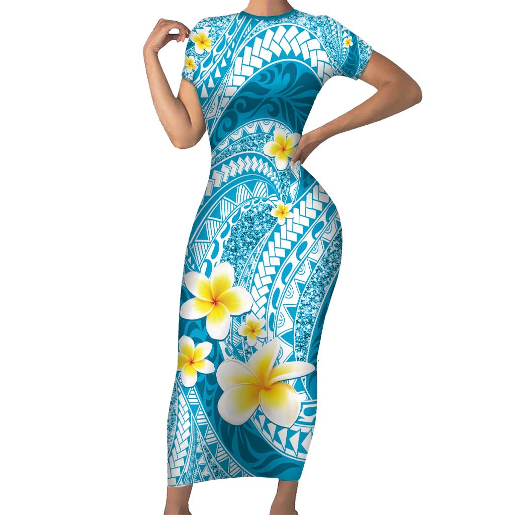 Plumeria Polynesian Sky Blue Glitter Pattern Short Sleeve Bodycon Dress LT01 Long Dress Sky Blue - Polynesian Pride