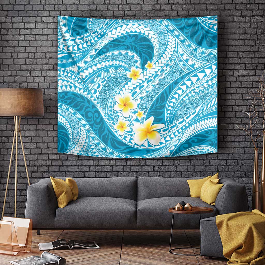Plumeria Polynesian Sky Blue Glitter Pattern Tapestry LT01 Sky Blue - Polynesian Pride