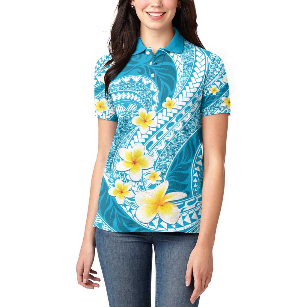 Plumeria Polynesian Sky Blue Glitter Pattern Women Polo Shirt