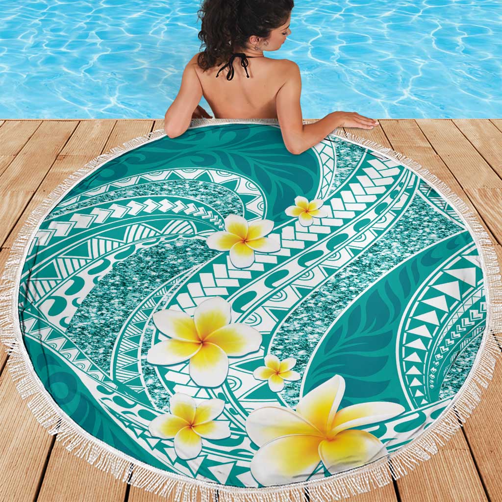 Plumeria Polynesian Teal Glitter Pattern Beach Blanket