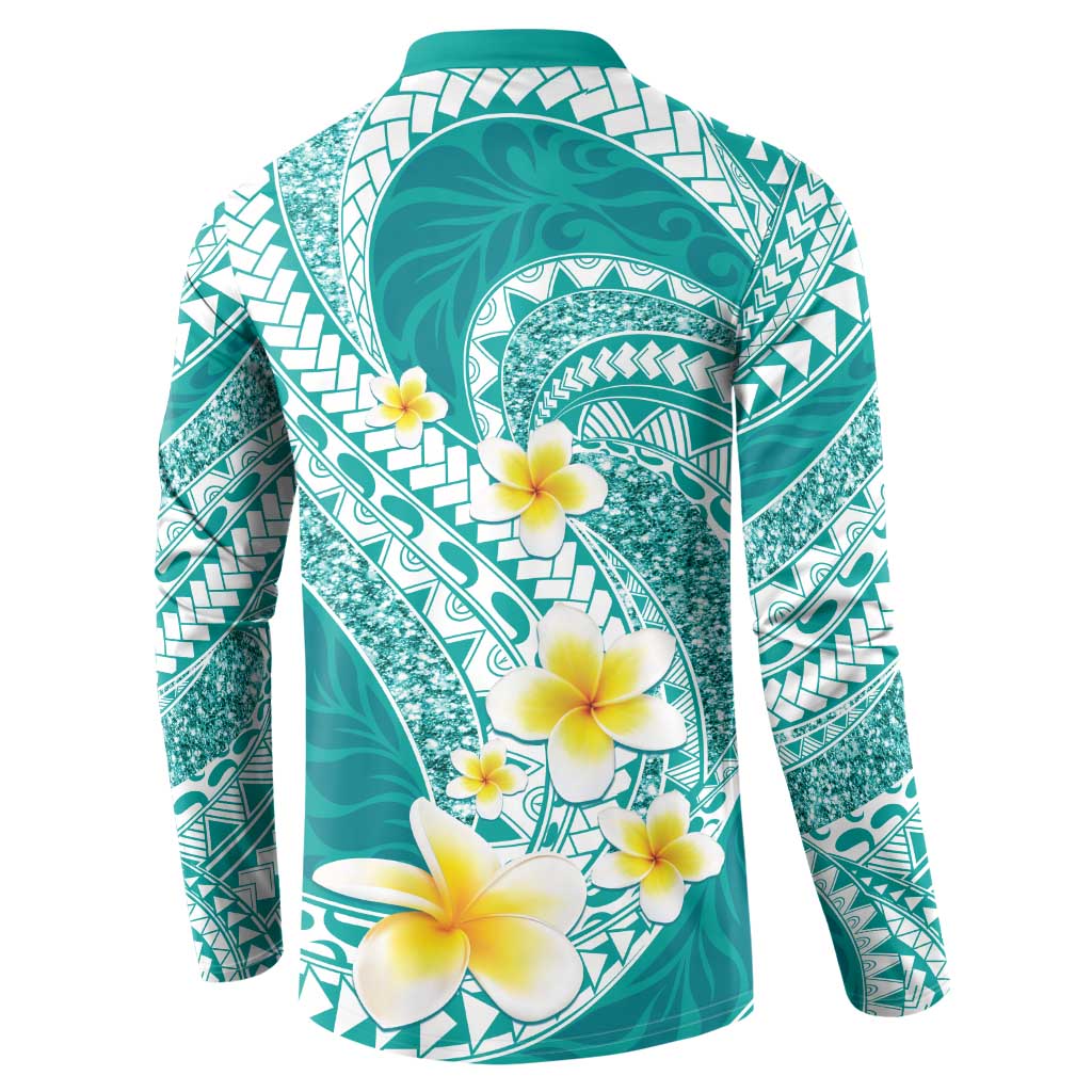 Plumeria Polynesian Teal Glitter Pattern Button Sweatshirt