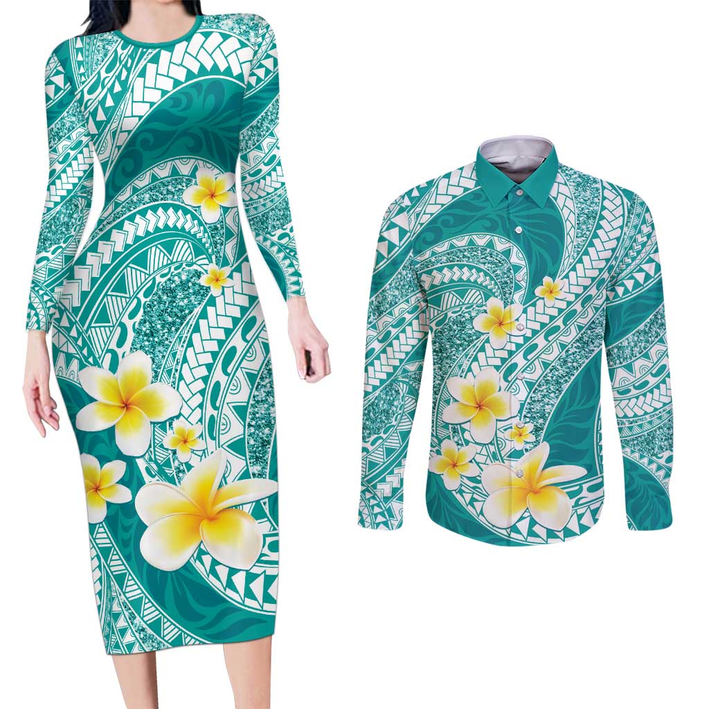 Plumeria Polynesian Teal Glitter Pattern Couples Matching Long Sleeve Bodycon Dress and Long Sleeve Button Shirt LT01 Teal - Polynesian Pride
