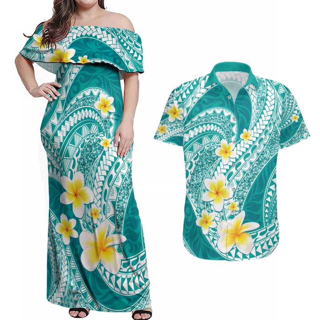 Plumeria Polynesian Teal Glitter Pattern Couples Matching Off Shoulder Maxi Dress and Hawaiian Shirt LT01 Teal - Polynesian Pride