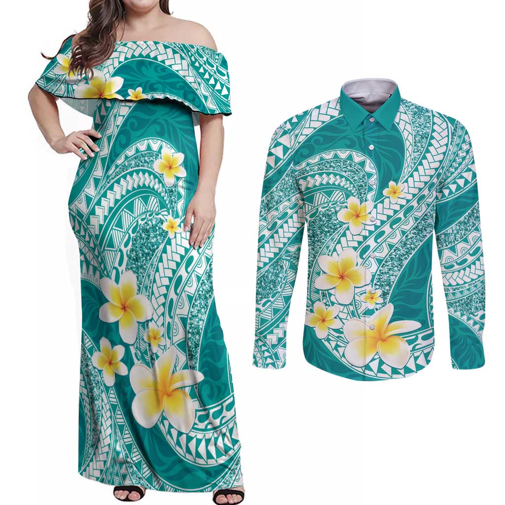 Plumeria Polynesian Teal Glitter Pattern Couples Matching Off Shoulder Maxi Dress and Long Sleeve Button Shirt LT01 Teal - Polynesian Pride