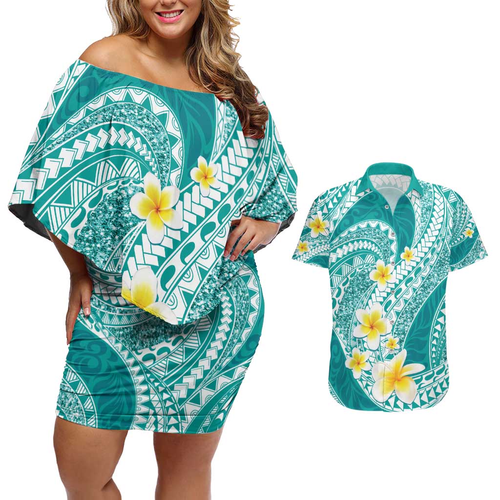 Plumeria Polynesian Teal Glitter Pattern Couples Matching Off Shoulder Short Dress and Hawaiian Shirt LT01 Teal - Polynesian Pride