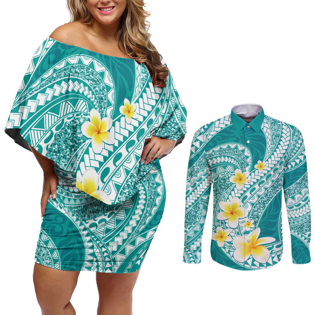 Plumeria Polynesian Teal Glitter Pattern Couples Matching Off Shoulder Short Dress and Long Sleeve Button Shirt LT01 Teal - Polynesian Pride