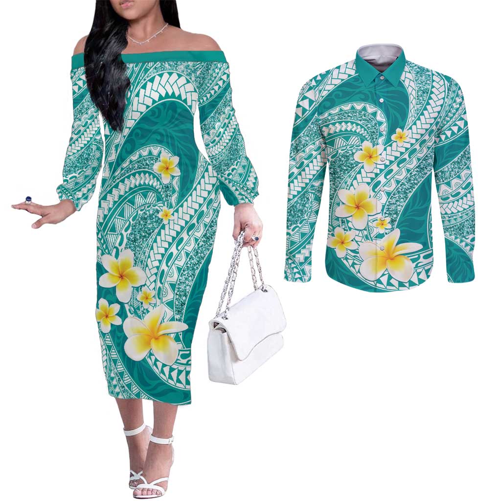 Plumeria Polynesian Teal Glitter Pattern Couples Matching Off The Shoulder Long Sleeve Dress and Long Sleeve Button Shirt LT01 Teal - Polynesian Pride