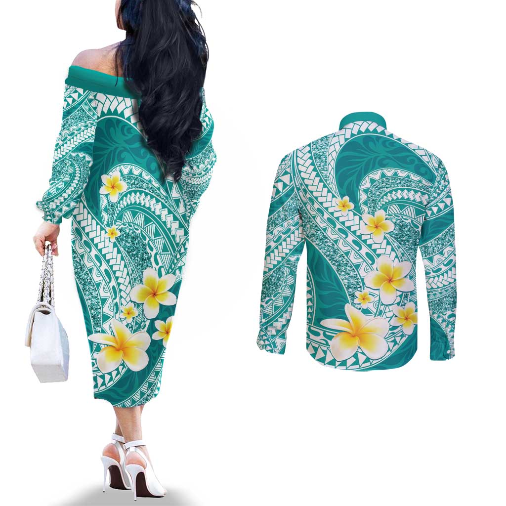 Plumeria Polynesian Teal Glitter Pattern Couples Matching Off The Shoulder Long Sleeve Dress and Long Sleeve Button Shirt
