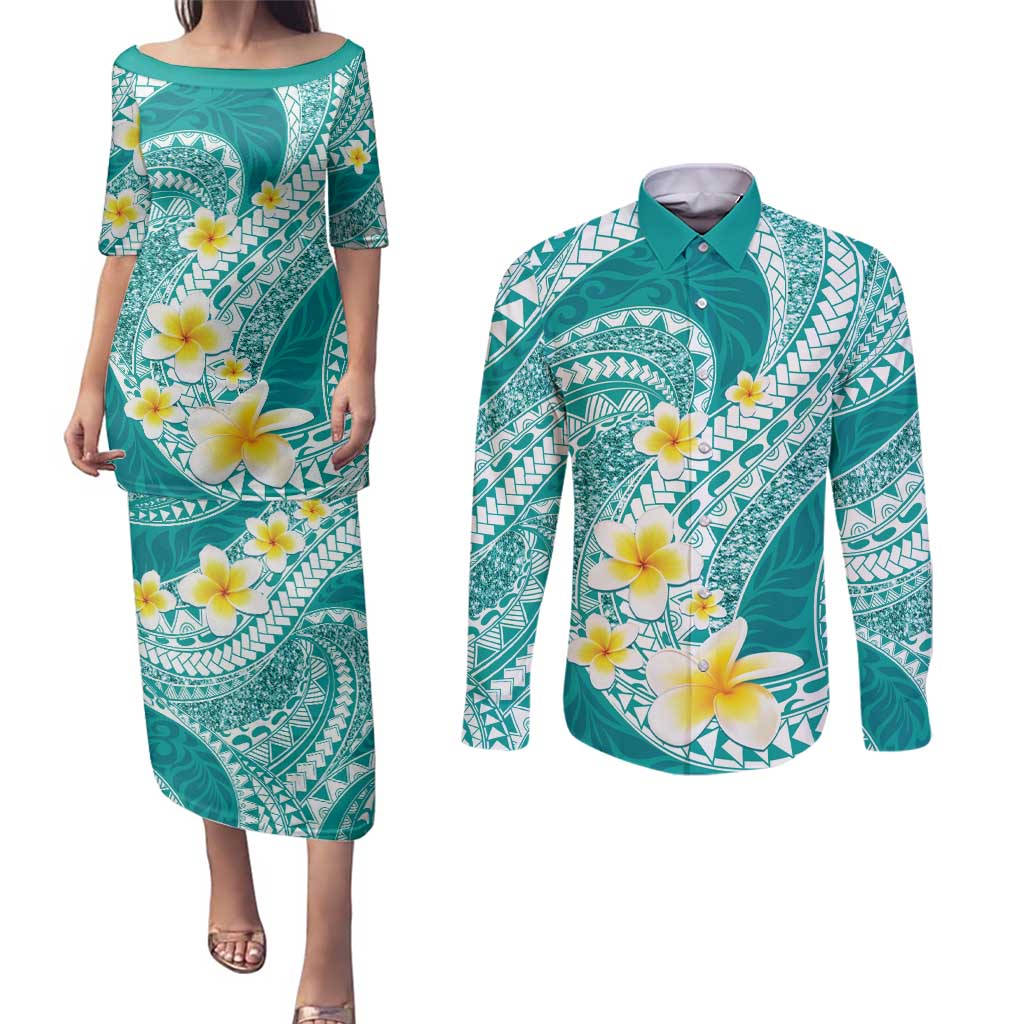 Plumeria Polynesian Teal Glitter Pattern Couples Matching Puletasi and Long Sleeve Button Shirt LT01 Teal - Polynesian Pride