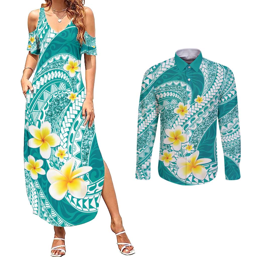 Plumeria Polynesian Teal Glitter Pattern Couples Matching Summer Maxi Dress and Long Sleeve Button Shirt LT01 Teal - Polynesian Pride