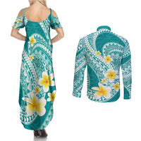 Plumeria Polynesian Teal Glitter Pattern Couples Matching Summer Maxi Dress and Long Sleeve Button Shirt