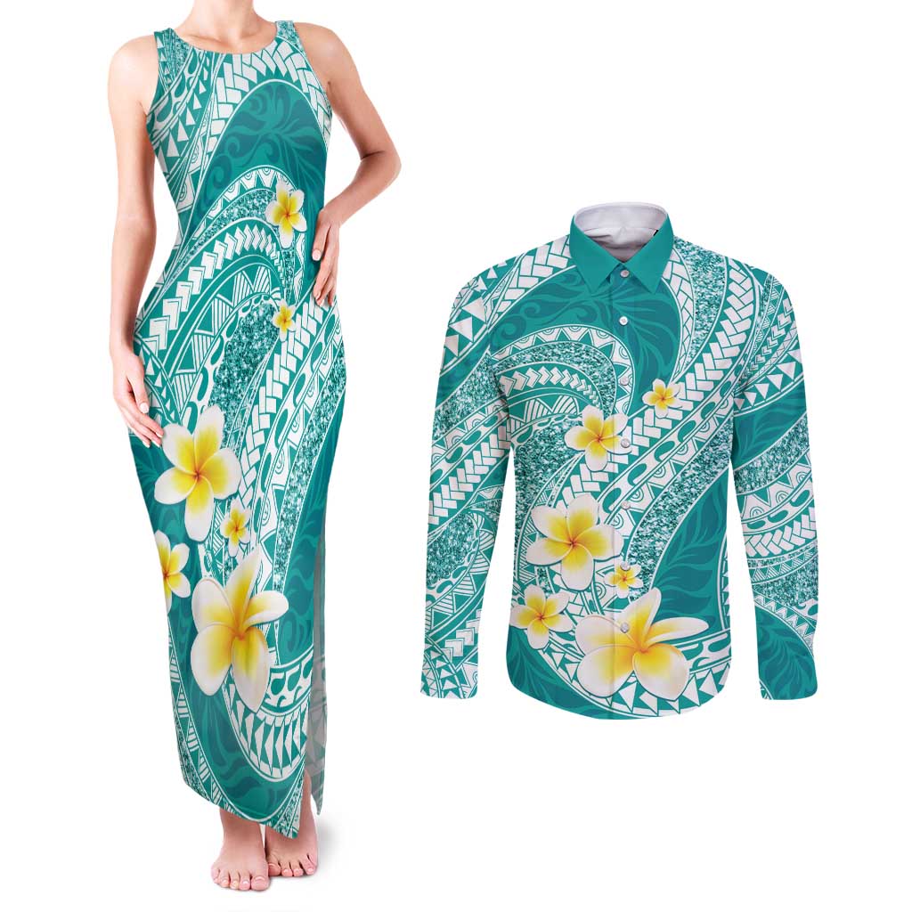 Plumeria Polynesian Teal Glitter Pattern Couples Matching Tank Maxi Dress and Long Sleeve Button Shirt LT01 Teal - Polynesian Pride