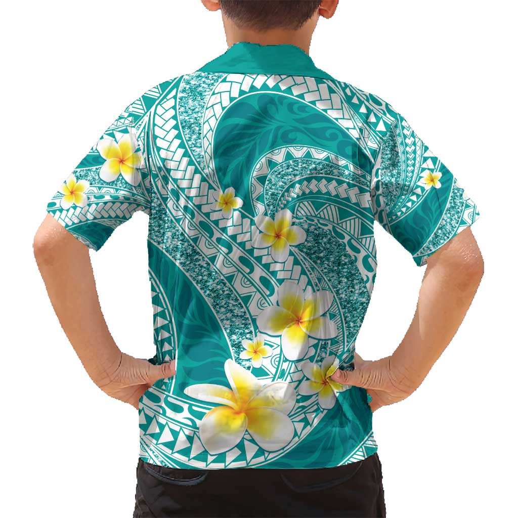 Plumeria Polynesian Teal Glitter Pattern Family Matching Long Sleeve Bodycon Dress and Hawaiian Shirt LT01 - Polynesian Pride