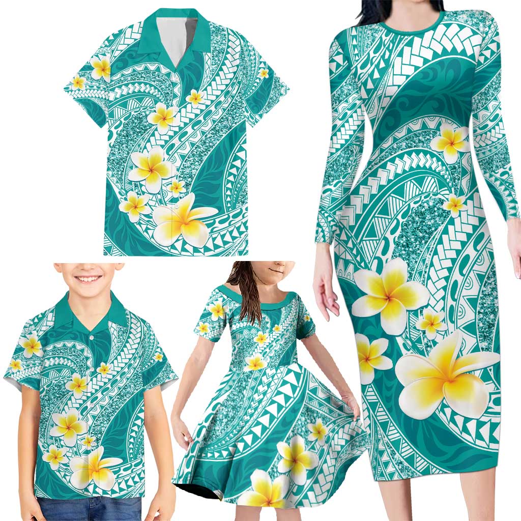 Plumeria Polynesian Teal Glitter Pattern Family Matching Long Sleeve Bodycon Dress and Hawaiian Shirt LT01 - Polynesian Pride