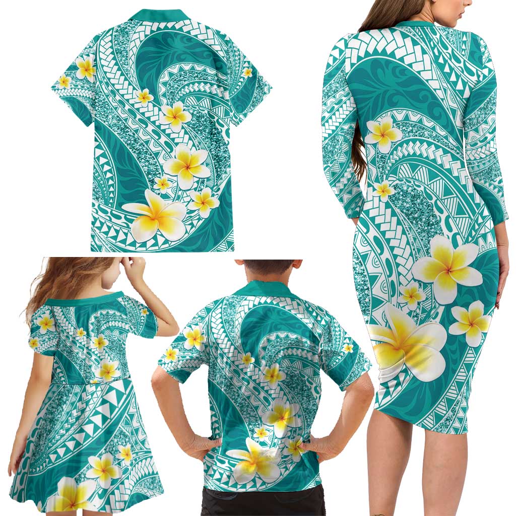 Plumeria Polynesian Teal Glitter Pattern Family Matching Long Sleeve Bodycon Dress and Hawaiian Shirt LT01 - Polynesian Pride