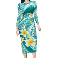 Plumeria Polynesian Teal Glitter Pattern Family Matching Long Sleeve Bodycon Dress and Hawaiian Shirt LT01 Mom's Dress Teal - Polynesian Pride
