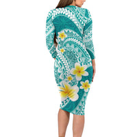Plumeria Polynesian Teal Glitter Pattern Family Matching Long Sleeve Bodycon Dress and Hawaiian Shirt LT01 - Polynesian Pride
